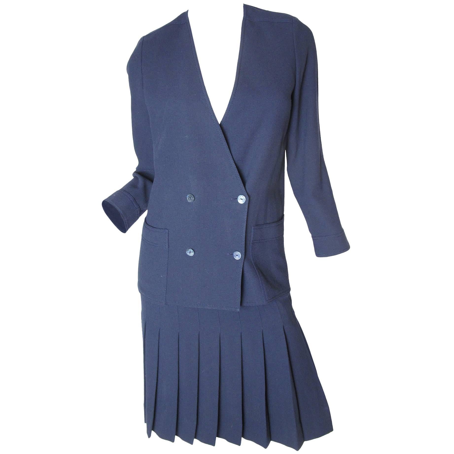 Chanel Navy Double Breasted Jacket and Pleated Skirt