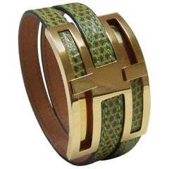 Hermes Pousse Pousse Bracelet Light Green Lizard Golden Hardware 