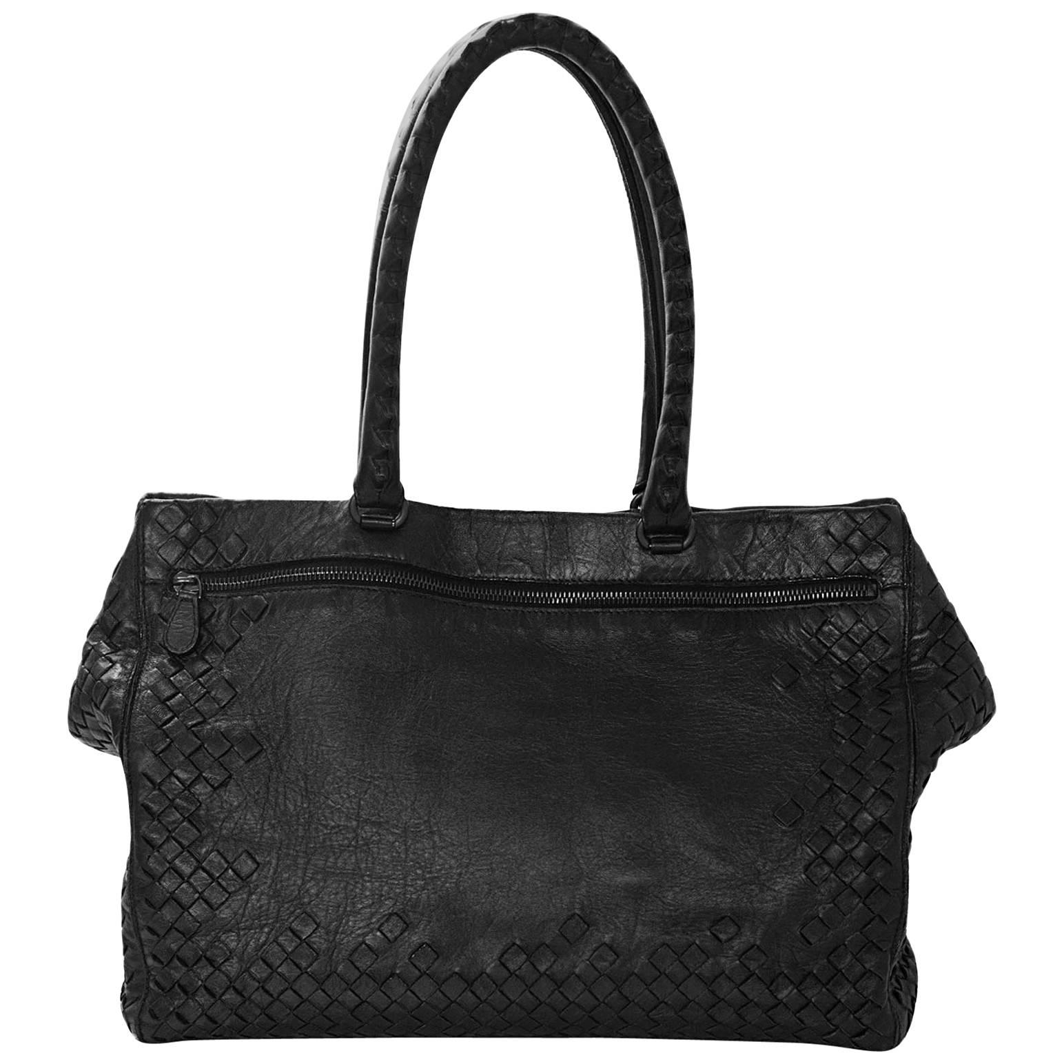 Bottega Veneta Black Woven Intrecciato and Smooth Leather Tote Bag