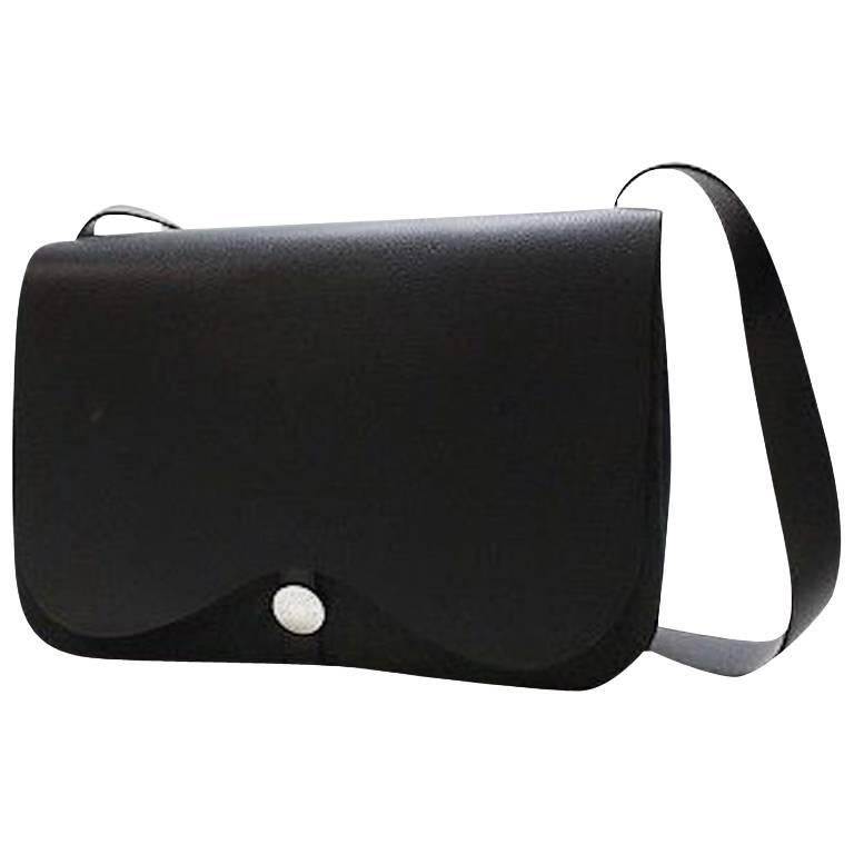Hermes Black Leather Twill Top Handle Evening Shoulder Flap Bag in Box
