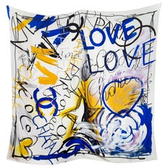 Chanel White Blue and Yellow Graffiti Silk Scarf NWT, 2015