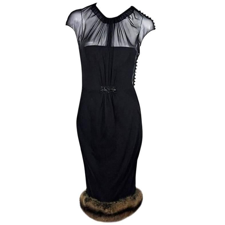 Black J. Mendel Fox Fur-Trimmed Sheath Dress