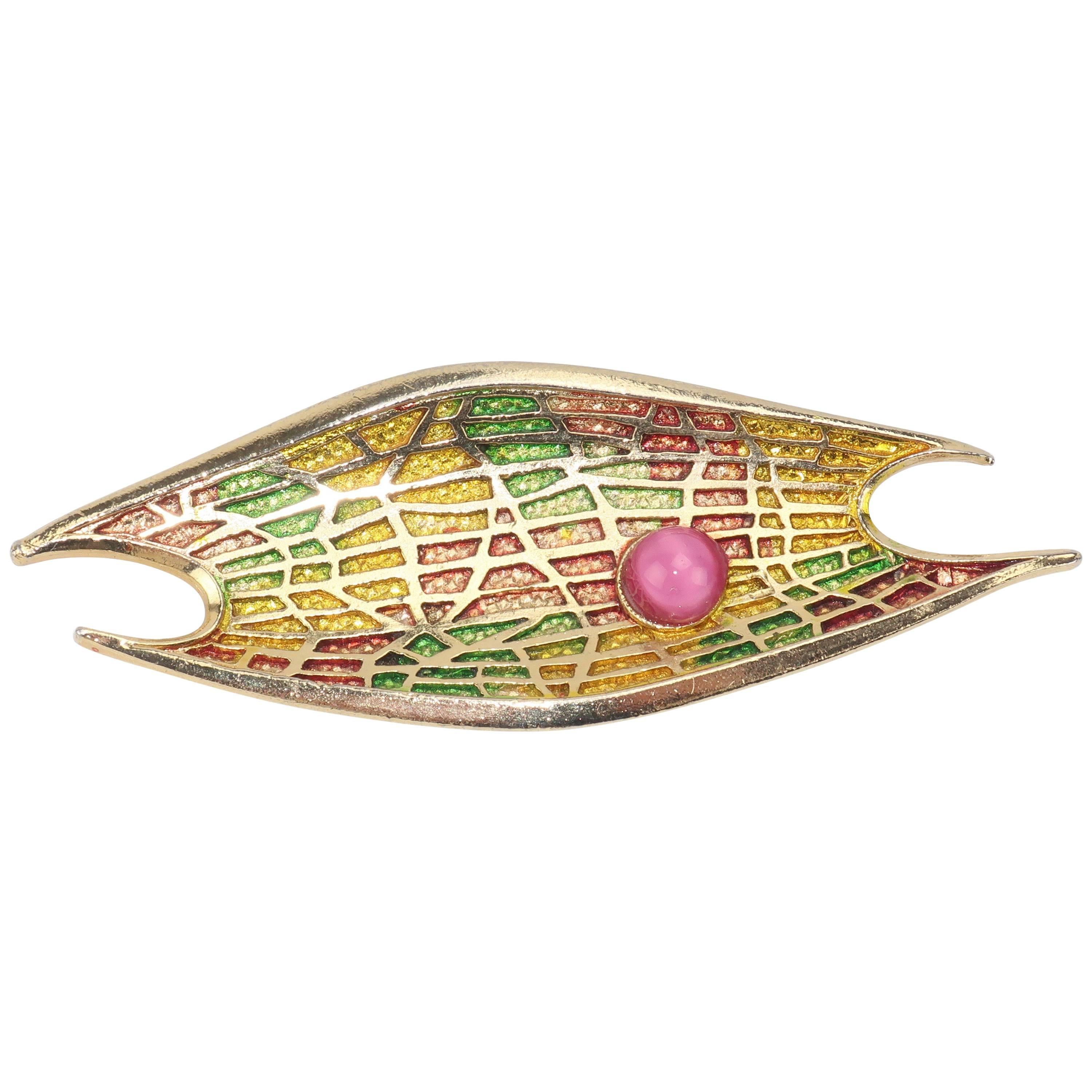 Circa 1970 Abstract Modernist Gold Tone Brooch With Pink Cabochon