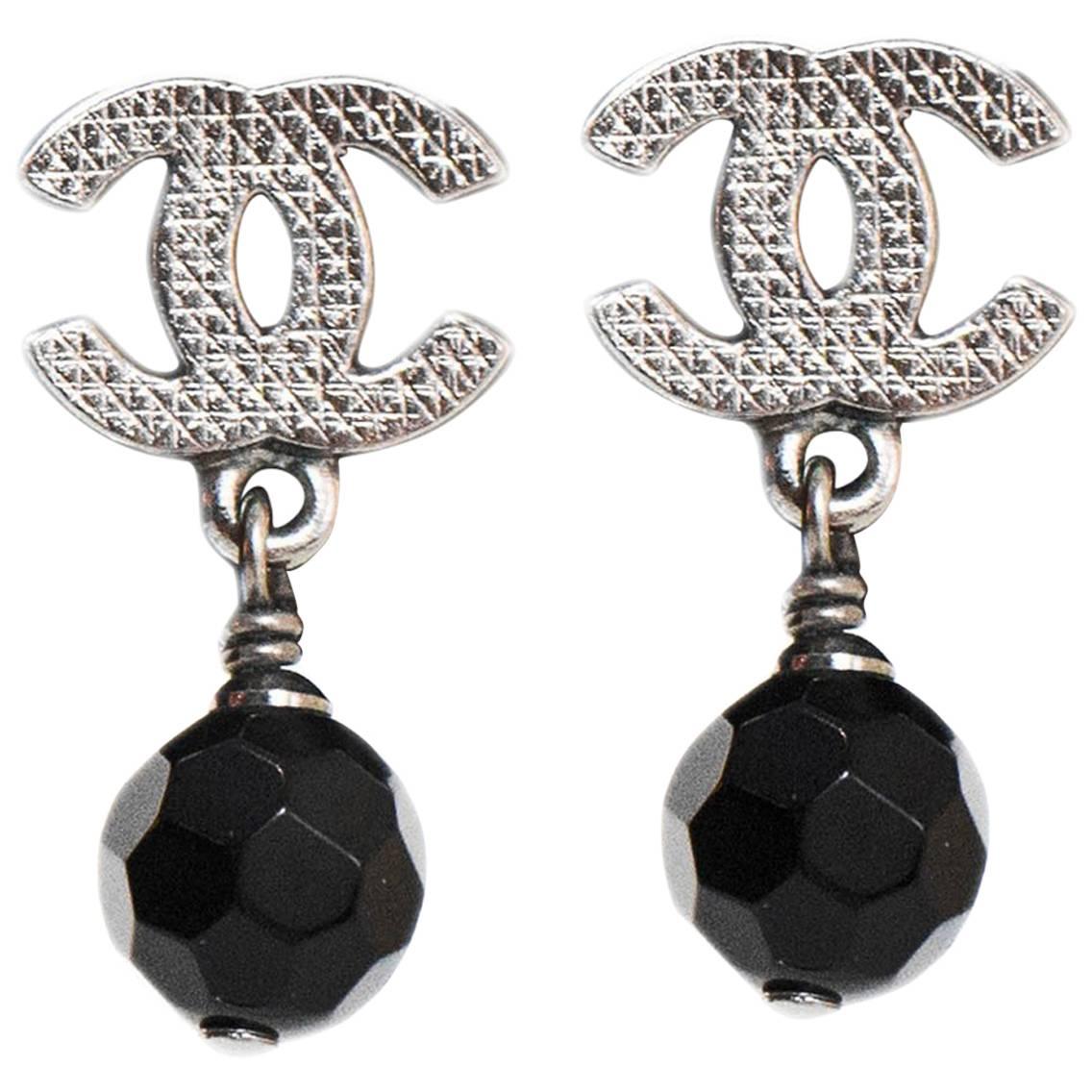 Chanel CC Black Drop Pierced Earrings with Box