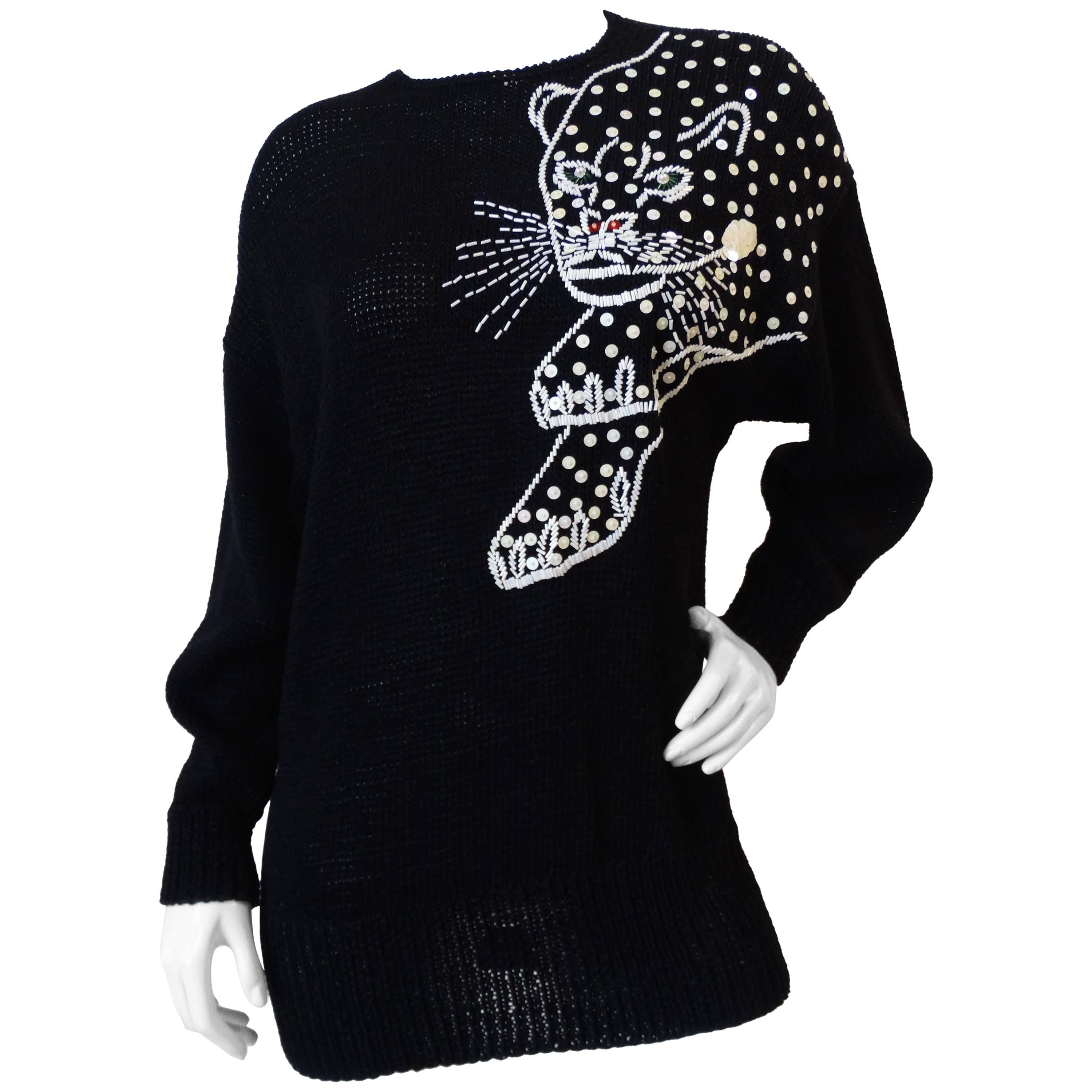 1980s Sequin Jaguar Black Knit Sweater