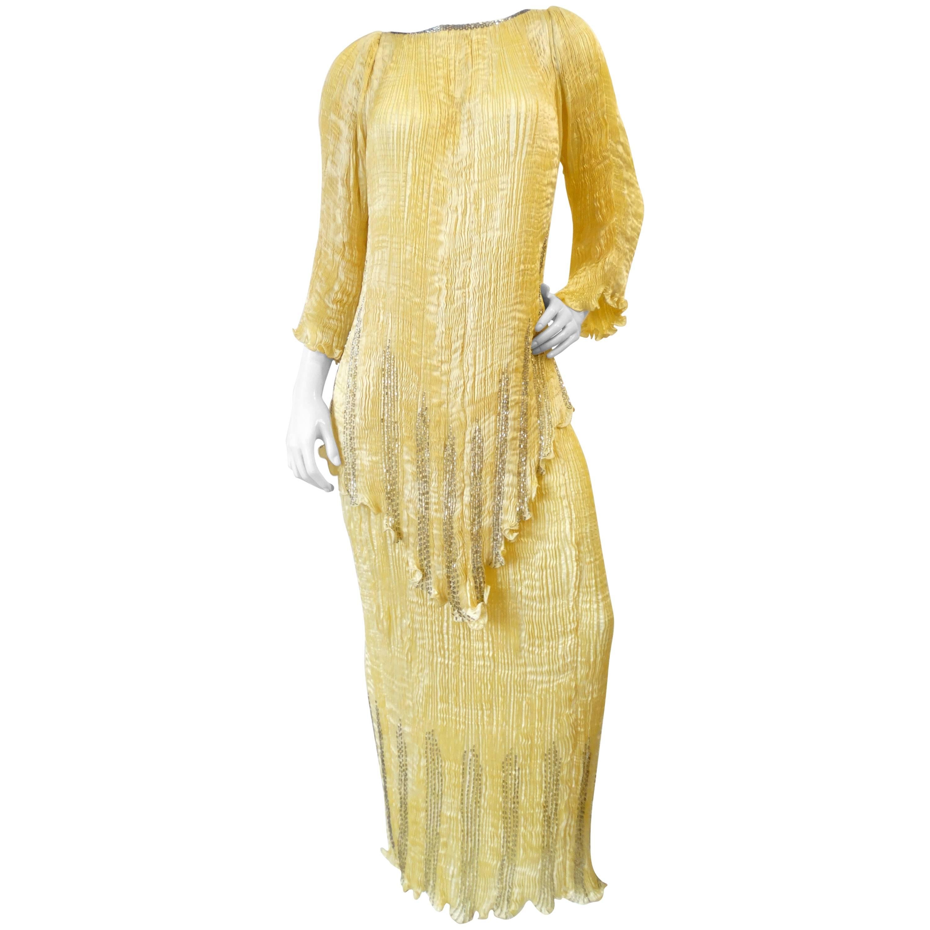1980s Patricia Lester Yellow Fortuny Micro-Pleated Skirt and Top Set 