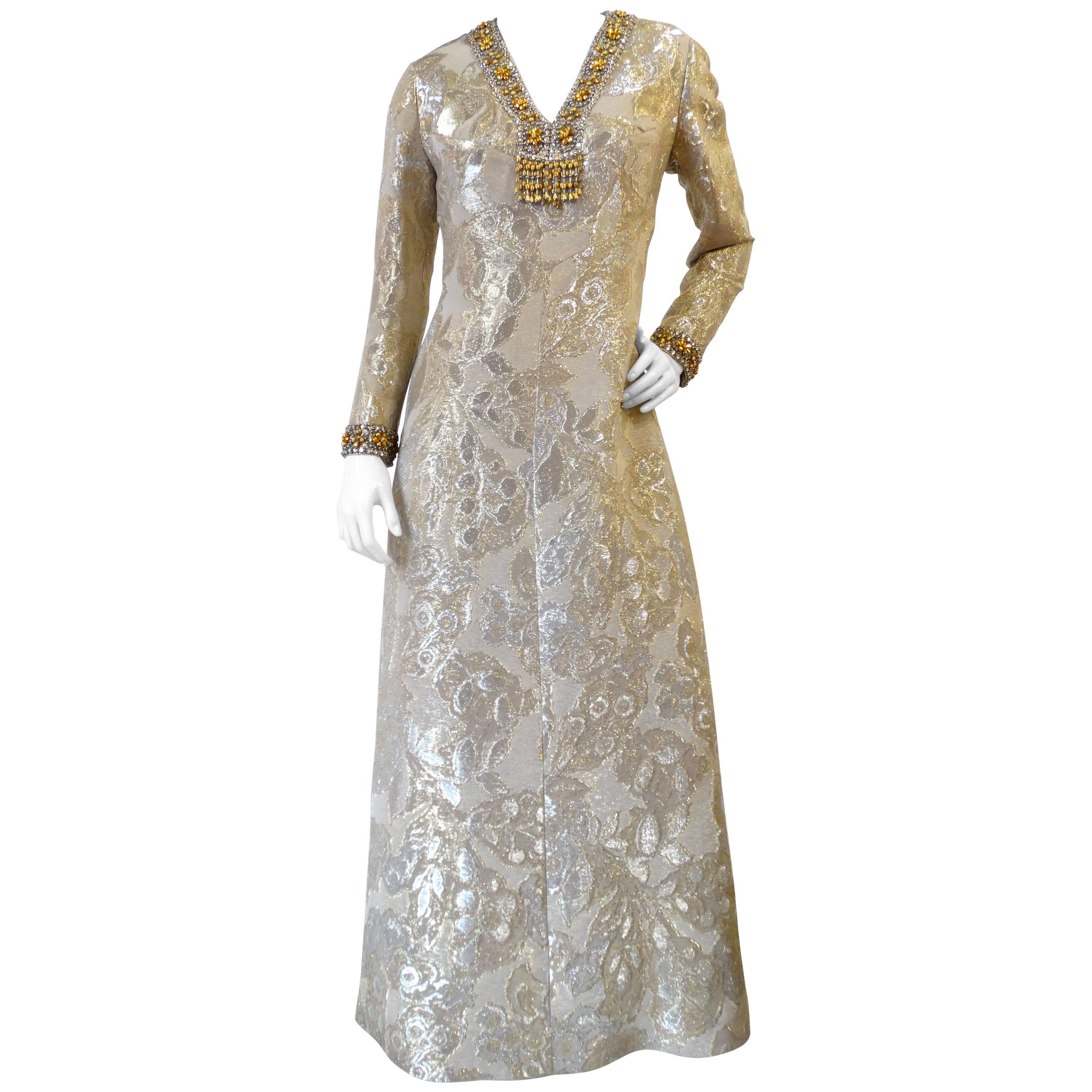 1960s Metallic Floral Brocade Beaded Dress