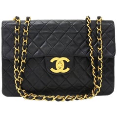 Chanel 13" Maxi Jumbo Black Quilted Leather Shoulder Flap Bag