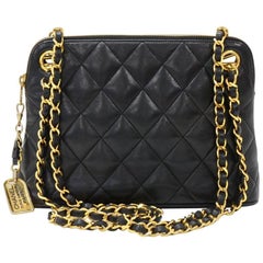 Chanel Antique 9 inch Black Quilted Leather Shoulder Pochette Bag