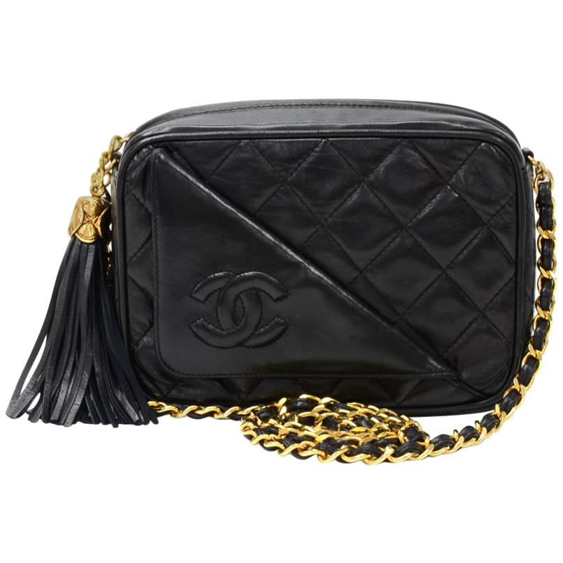 Chanel Vintage 7" Black Quilted Leather Fringe Shoulder Pochette Bag For Sale