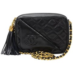 Chanel Vintage 7" Black Quilted Leather Fringe Shoulder Pochette Bag