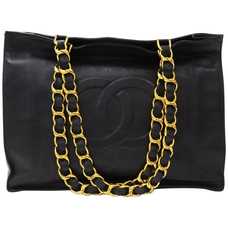 Chanel Vintage Jumbo XL Black Leather Shoulder Shopping Tote Bag