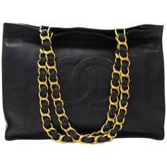 Chanel Antique Jumbo XL Black Leather Shoulder Shopping Tote Bag