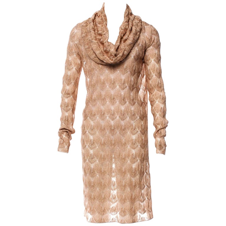 Stunning Missoni Gold Metallic Crochet Knit Long Sleeves Dress For Sale