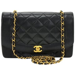 Chanel Antique 10" Diana Classic Black Quilted Leather Shoulder Flap Bag