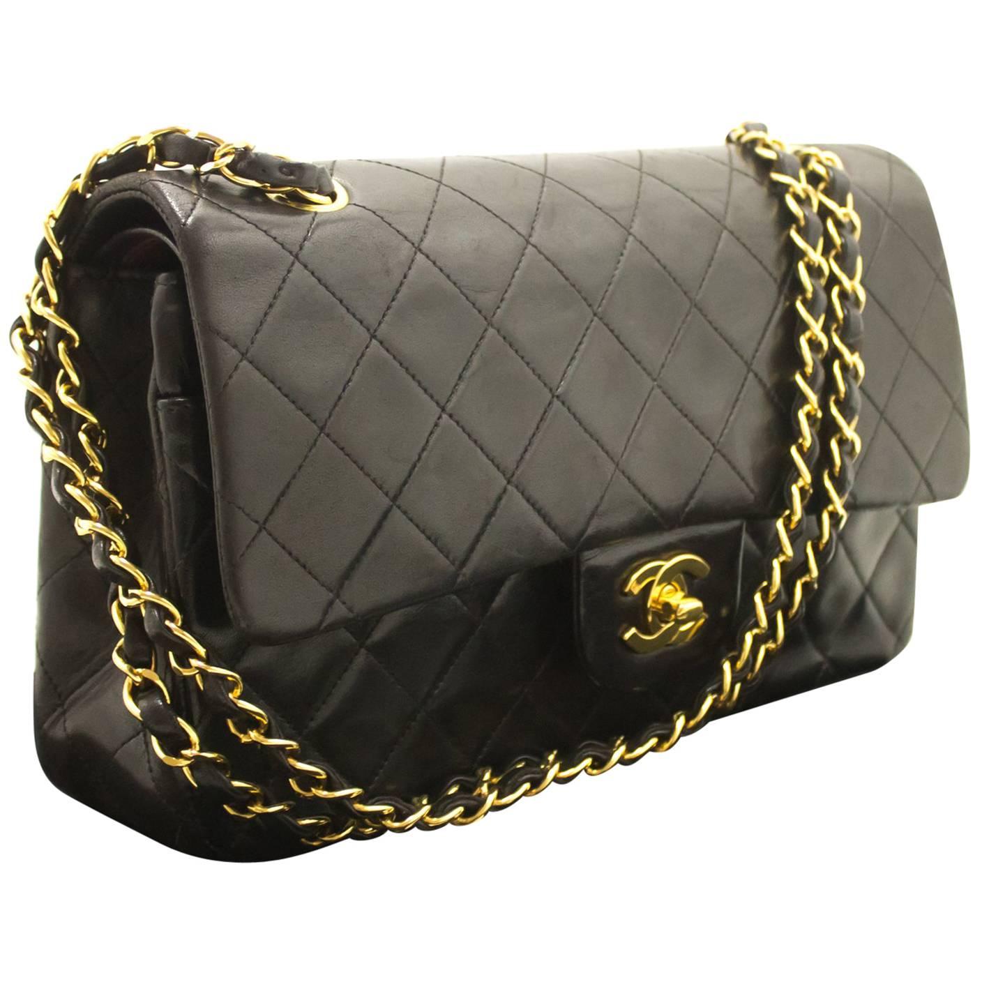 Chanel 2.55 Double Flap 10" Chain Black Quilted Lamb Shoulder Bag 
