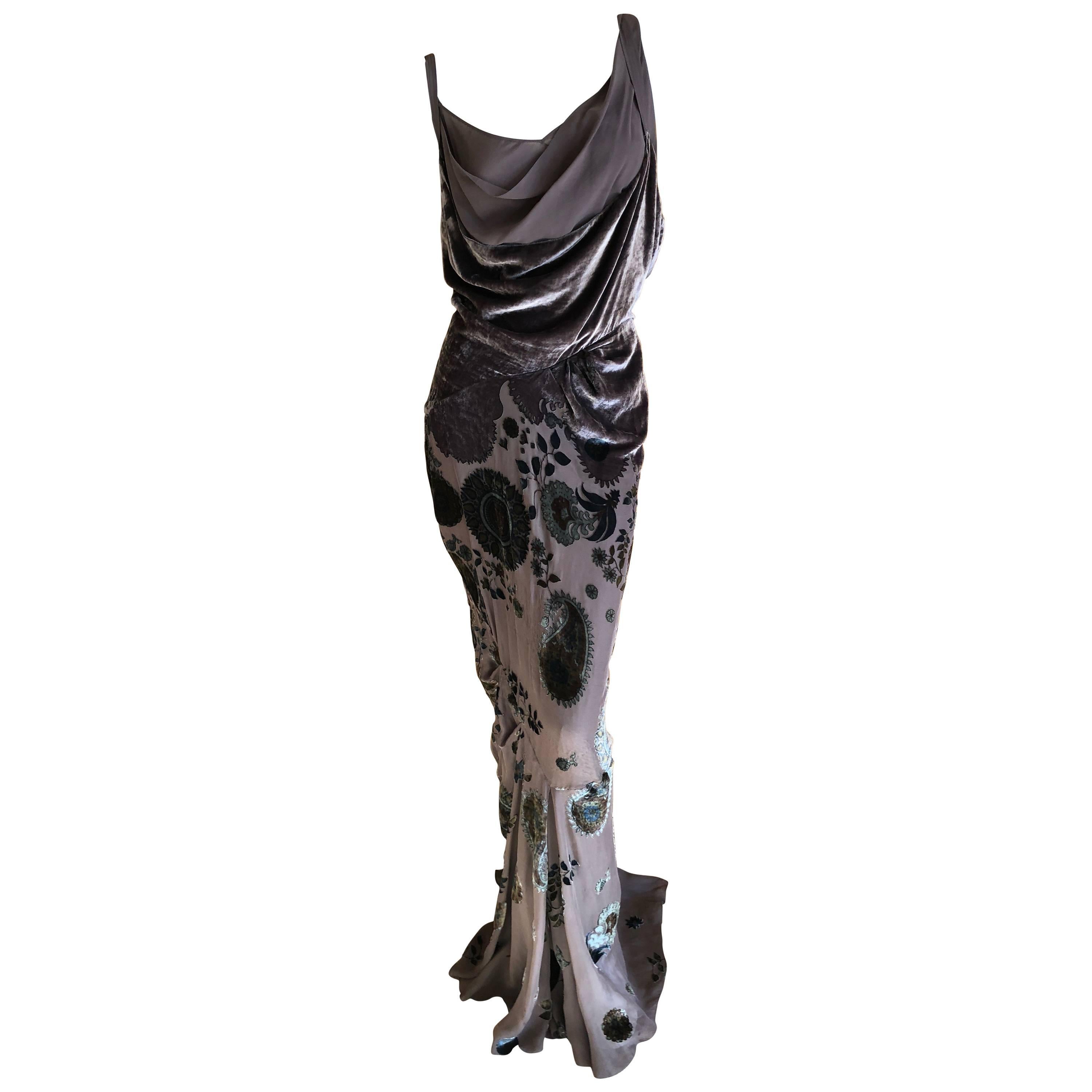 Christian Dior by John Galliano Gray Floral Devore Velvet Evening Dress For Sale