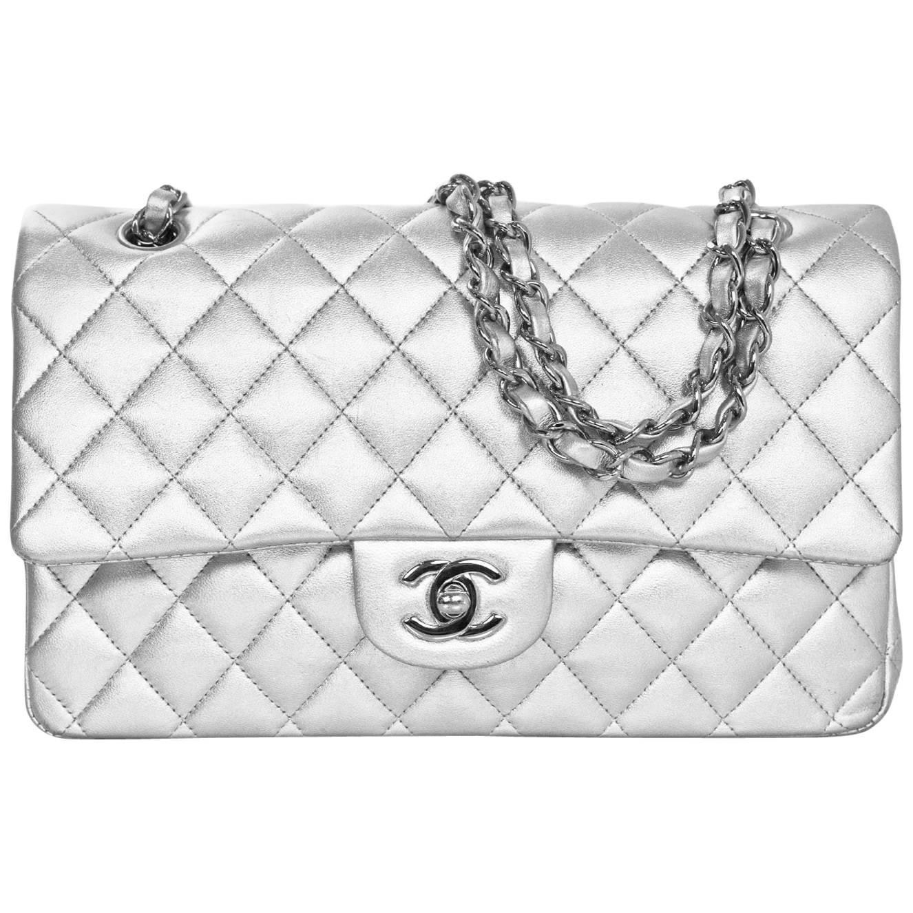 Chanel Silver Quilted Lambskin 10" Medium Double Flap Classic Bag