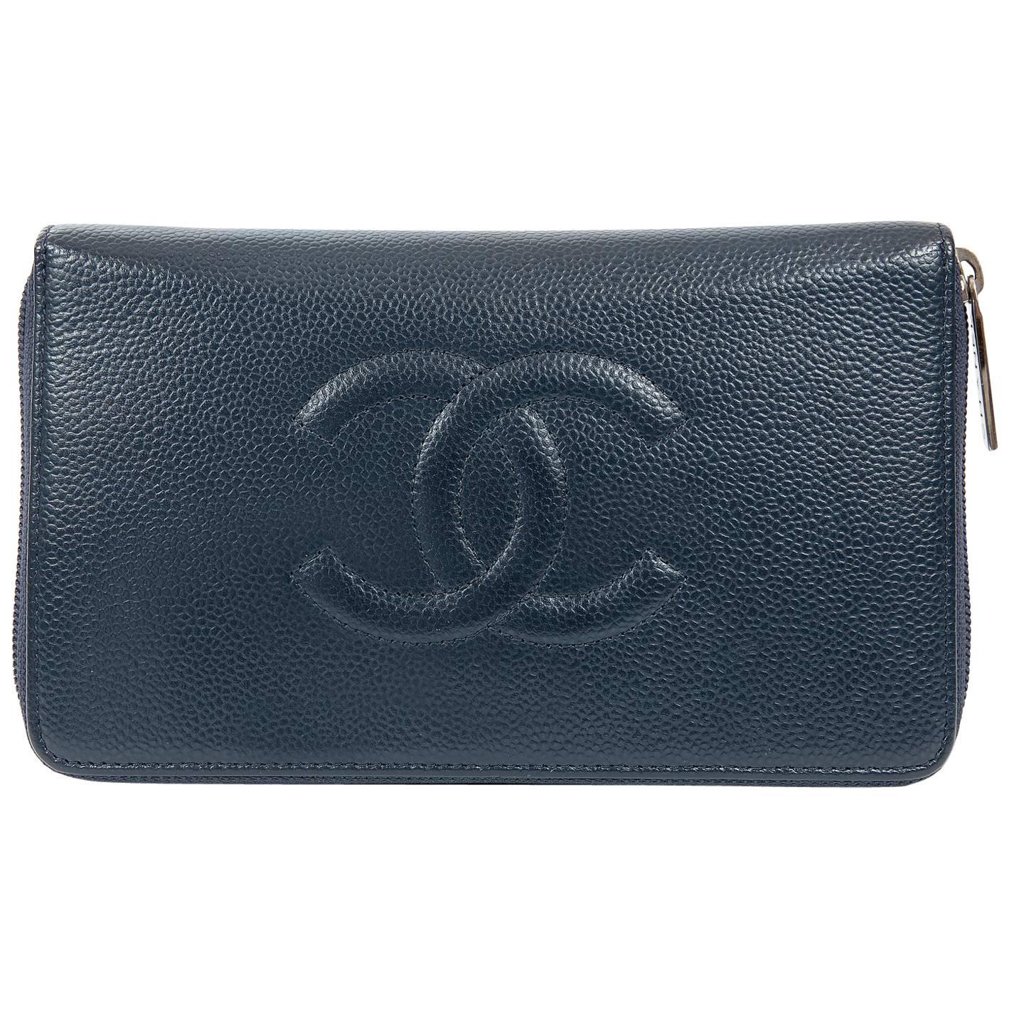 Chanel Navy Caviar Leather XL Zip Wallet For Sale