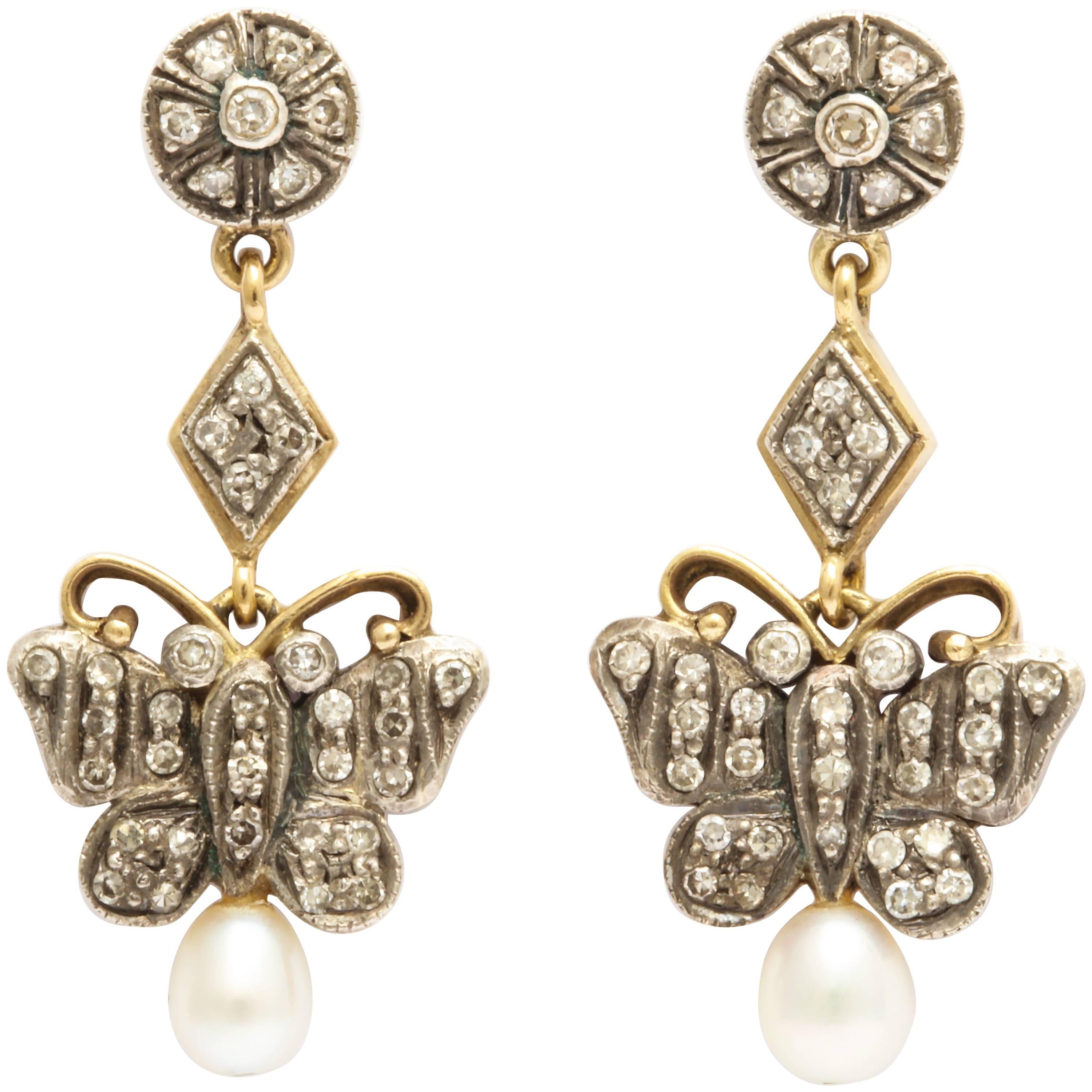 Antique Gold and Silver Diamond and Pearl Butterfly Drop Earrings