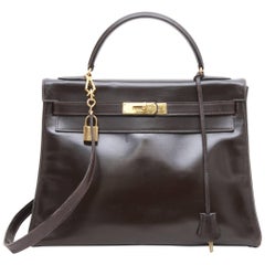 HERMES Kelly 32 Bag in Brown Box Leather