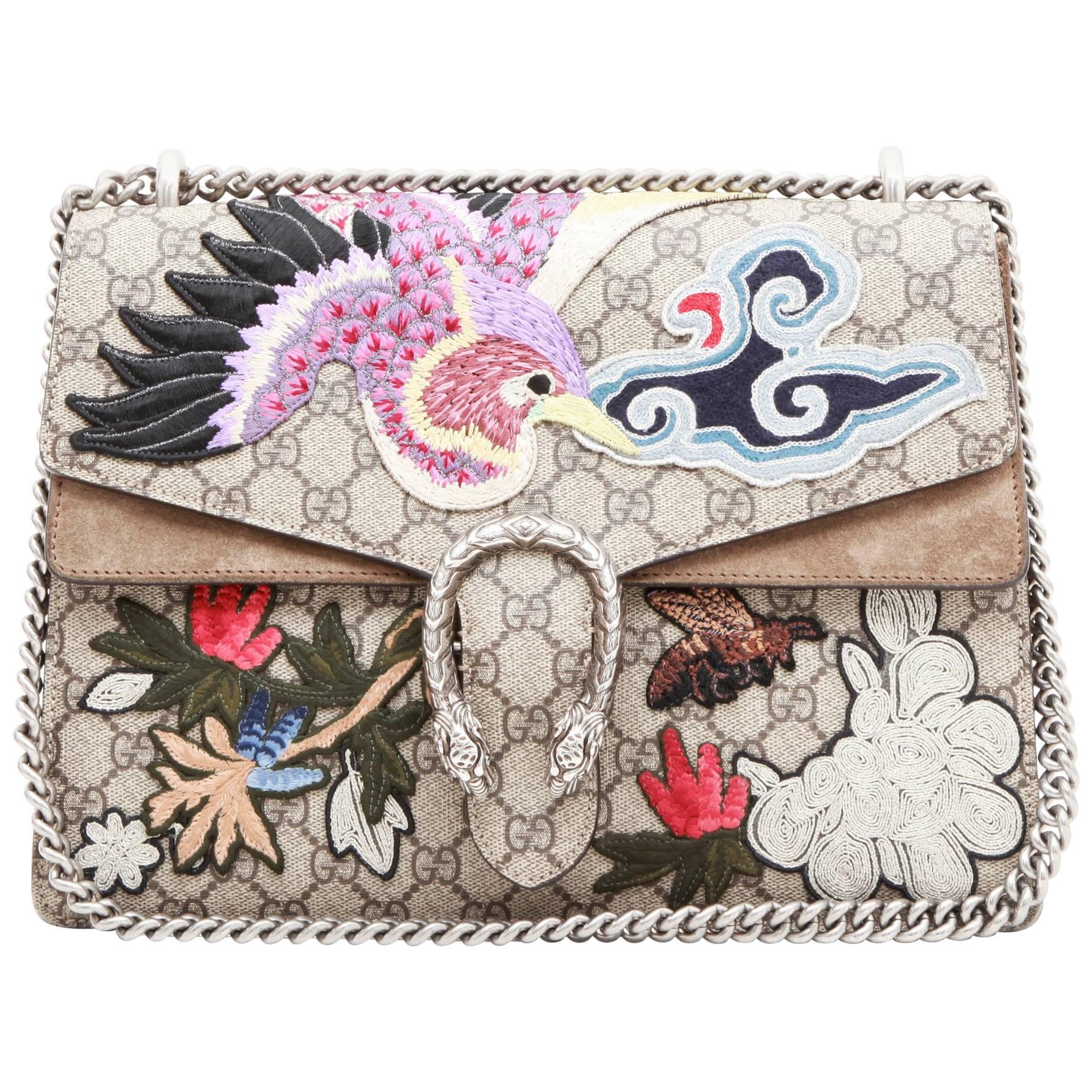 GUCCI Dionysus Flap Bag in GG Supreme Canvas with Suede and Embroideries