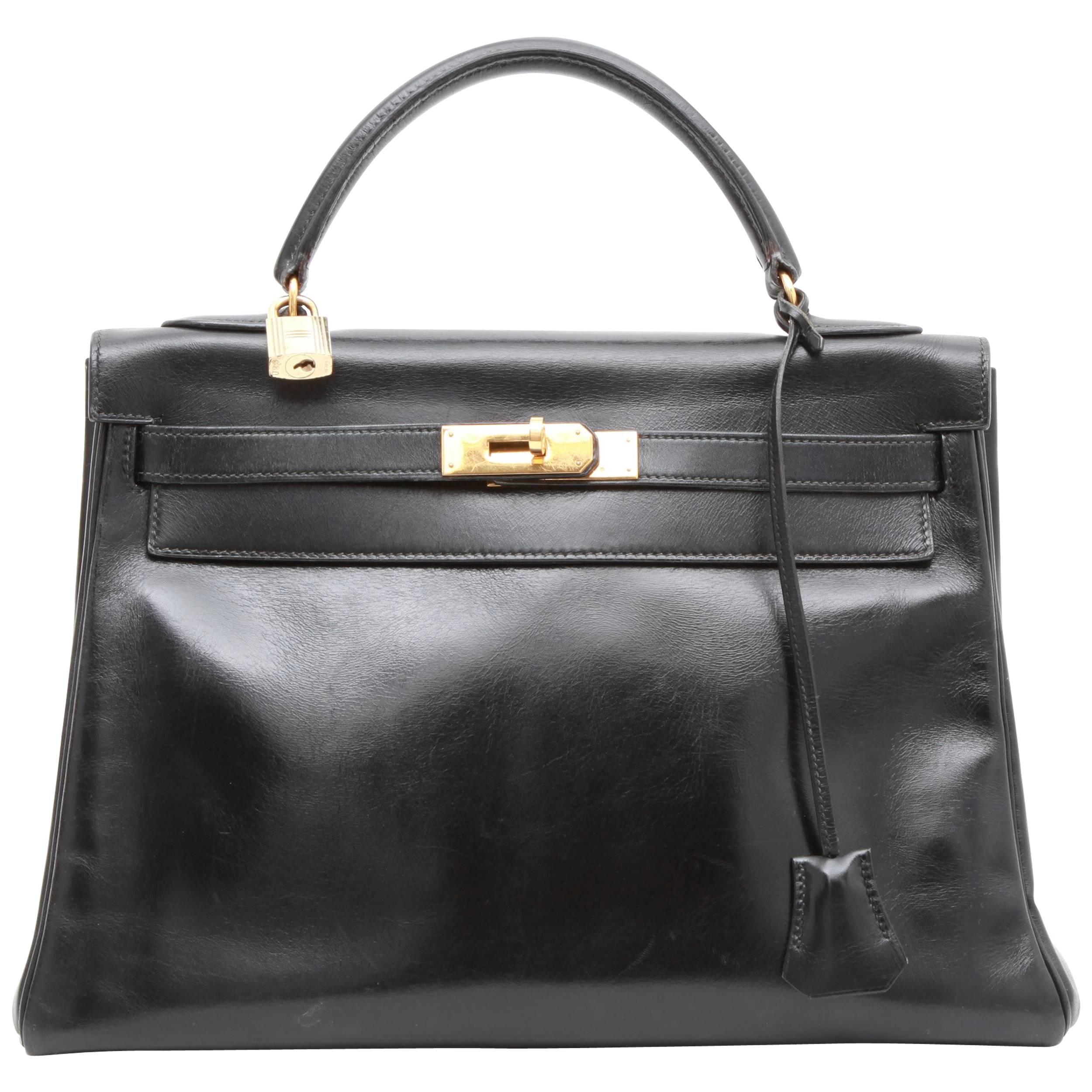 HERMES Kelly 32 Vintage Bag in Black Box Retourné Leather