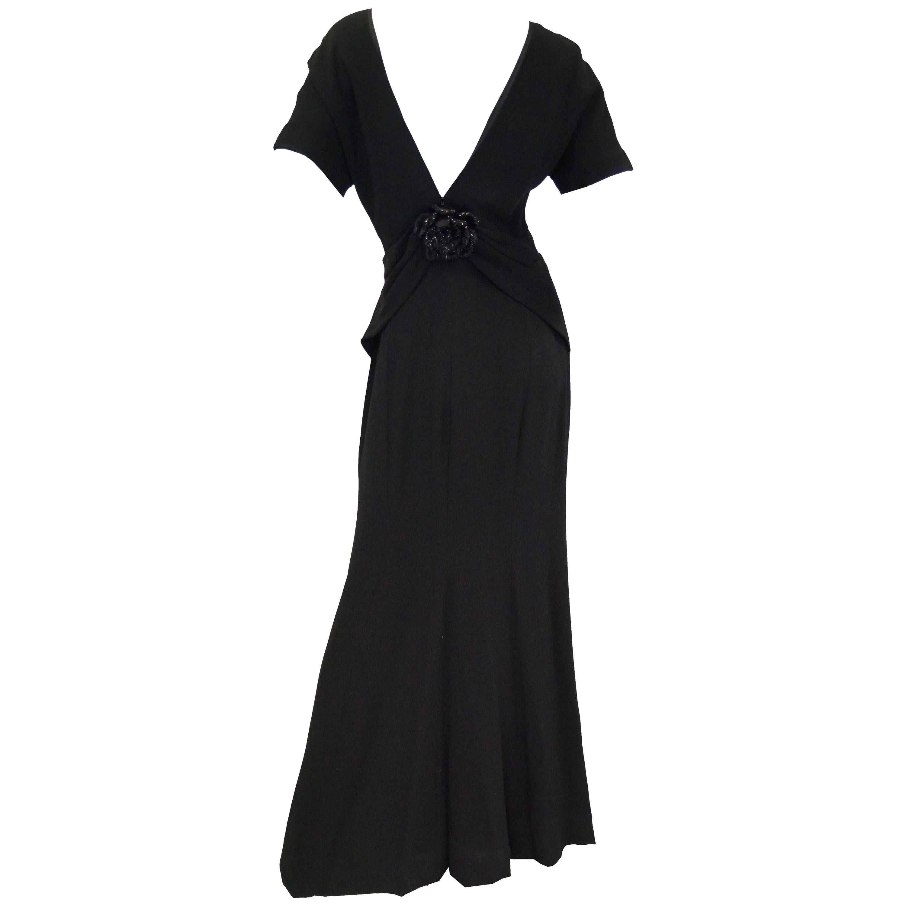 1990s NWT Carolina Herrera Black Plunge Back Evening Dress 10 For Sale