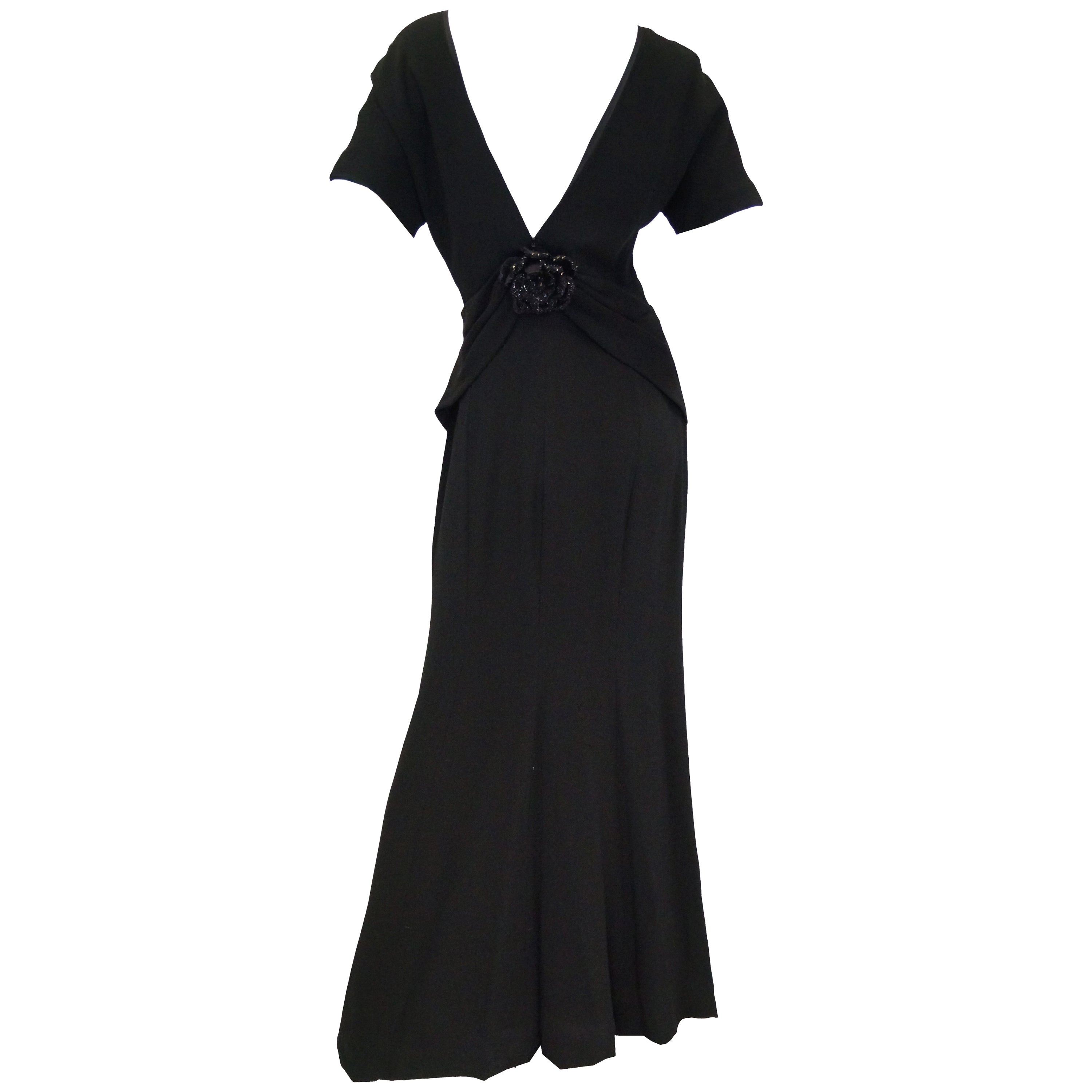 1980's Carolina Herrera Cream Wool Cocktail Dress W/ Black Velvet Trim ...