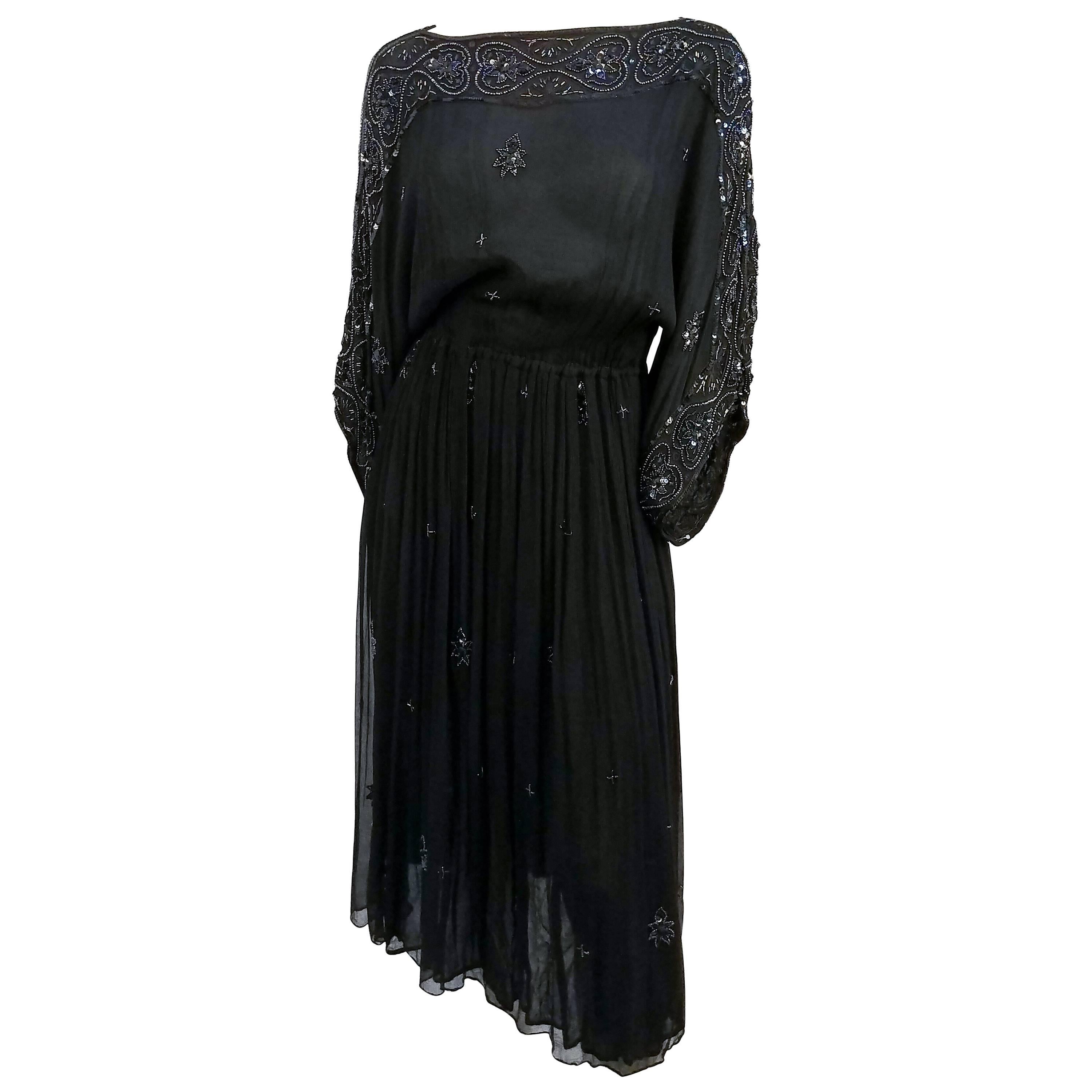 1970s Judith Ann Beaded Silk Chiffon Black Dress For Sale