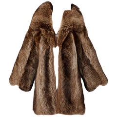 1970s Vintage Raccoon Fur Coat with Pop Up Collar and Leather Trim