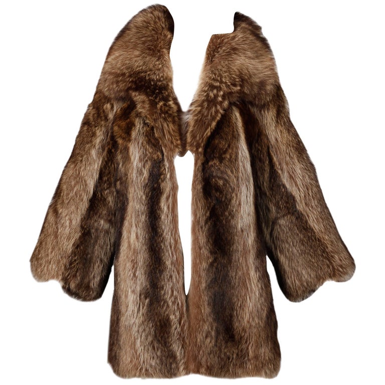 1970s Vintage Raccoon Fur Coat with Pop Up Collar and Leather Trim at ...