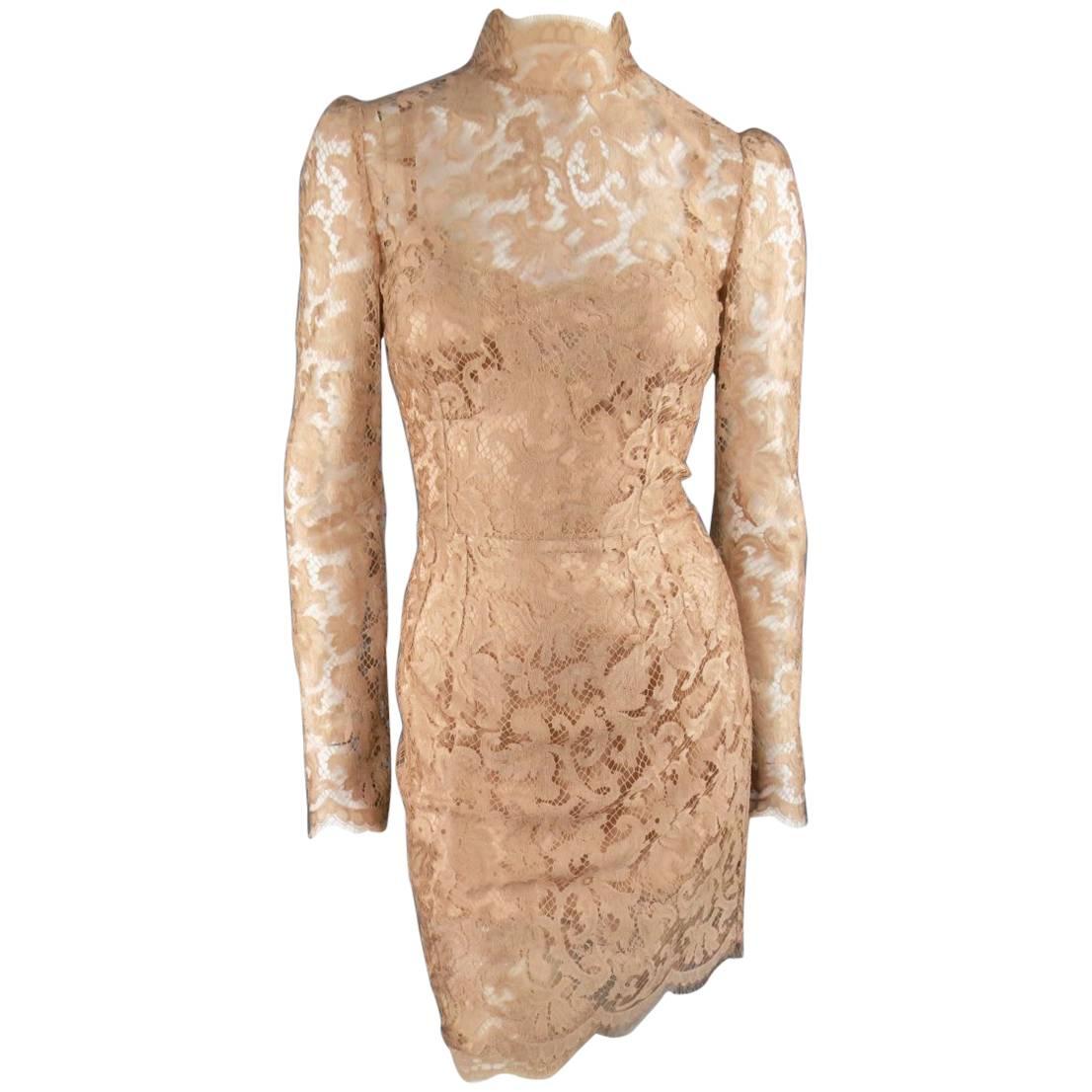 DOLCE & GABBANA Size 8 Beige Lace Mock Neck Long Sleeve Cocktail Dress