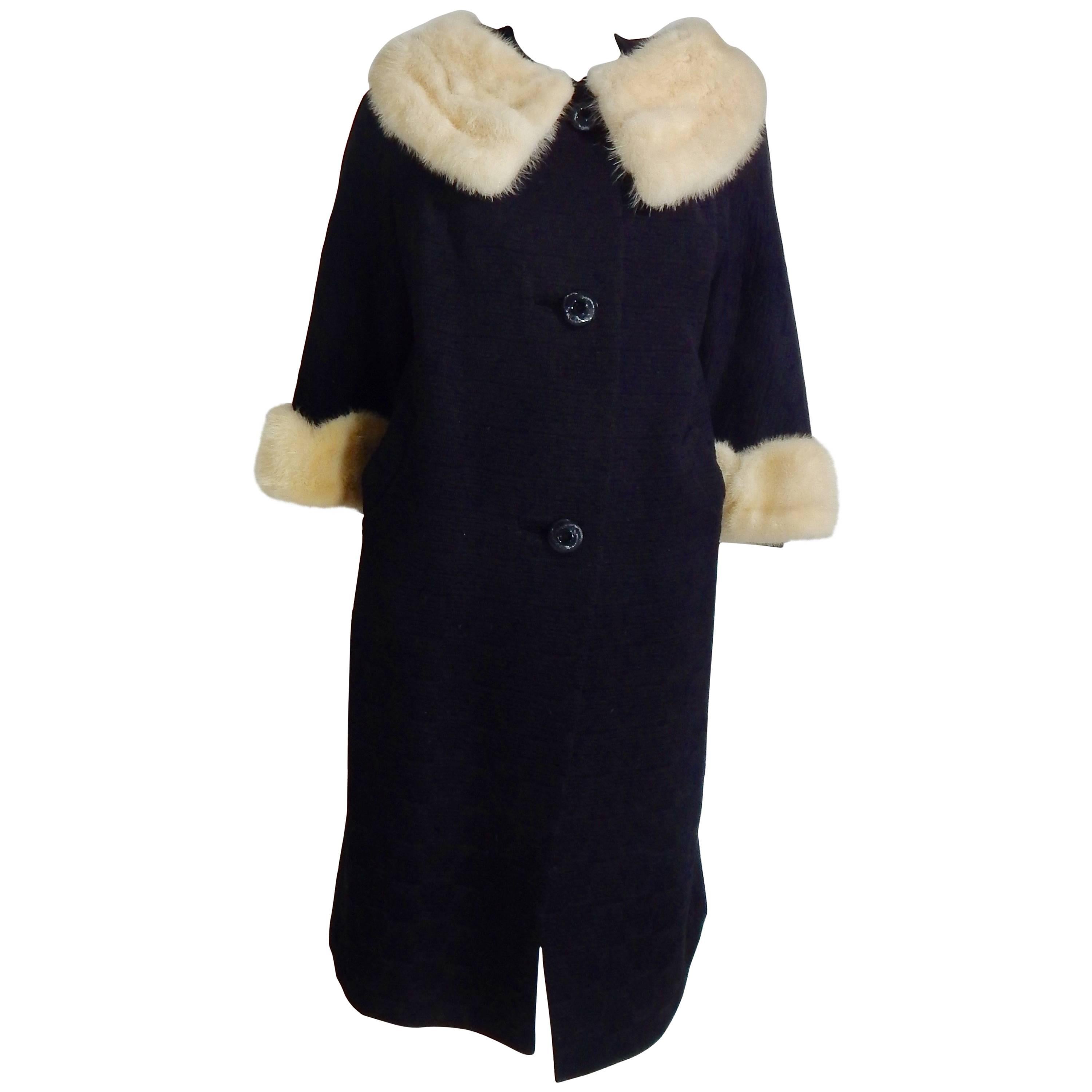 1950s Black Wool Coat with Mink Collar and Cuffs For Sale
