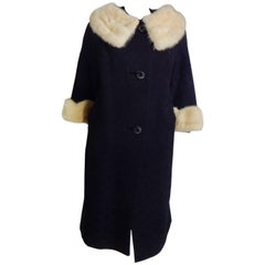 Retro 1950s Black Wool Coat with Mink Collar and Cuffs