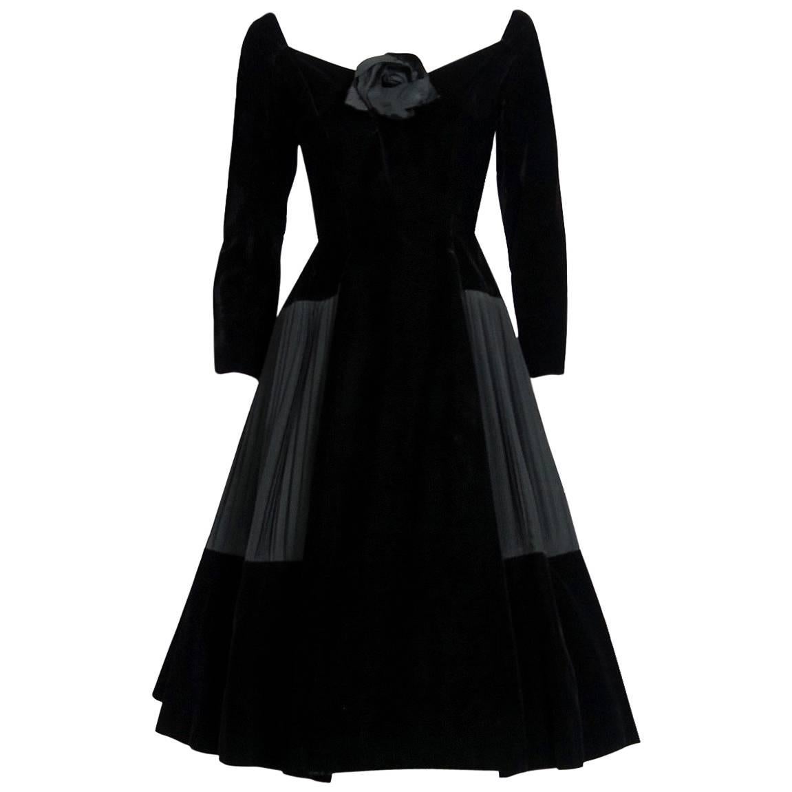 1955 Christian Dior Haute-Couture Black Velvet & Pleated Silk Cocktail Dress
