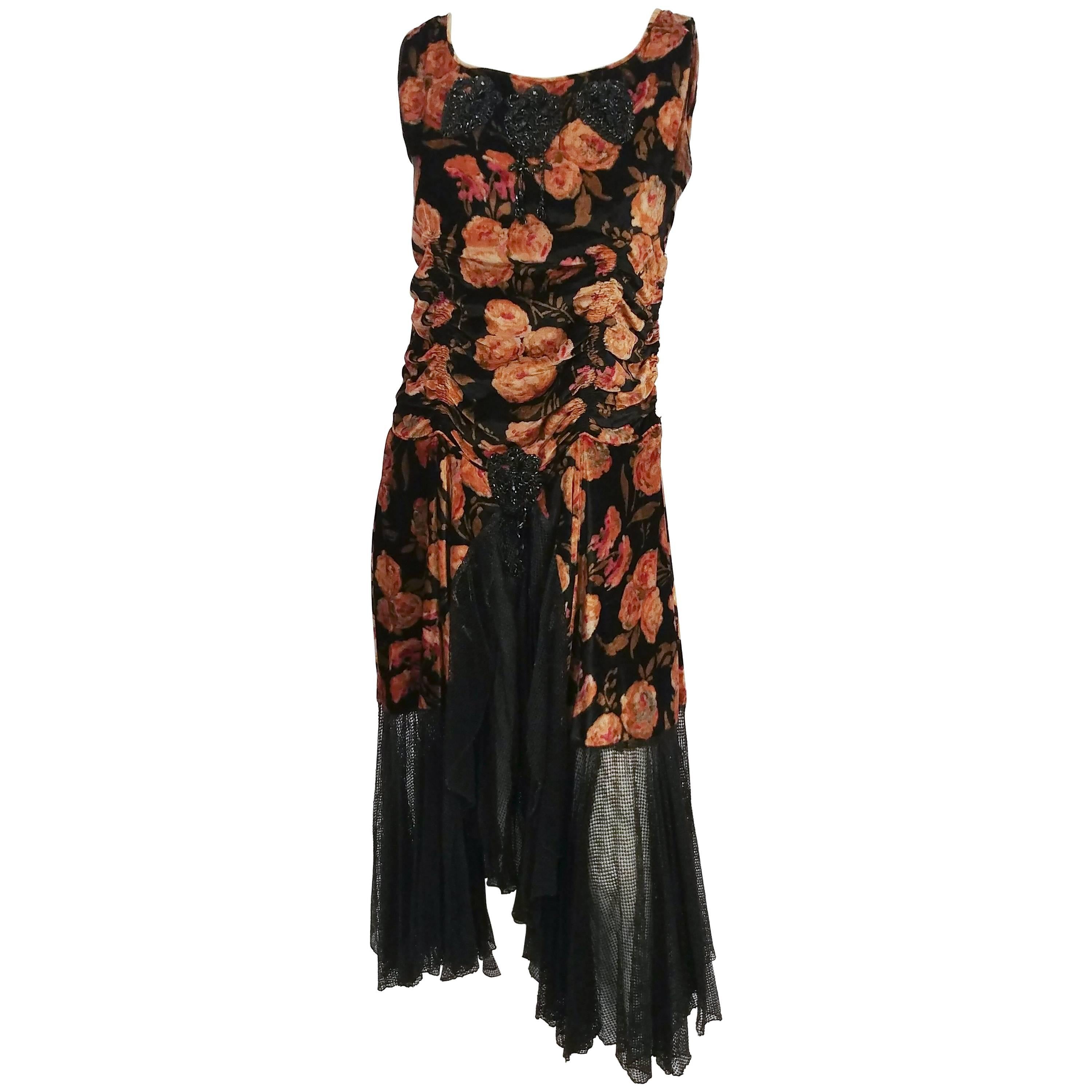 1920s Floral Velvet Dress with Black Beaded Applique For Sale