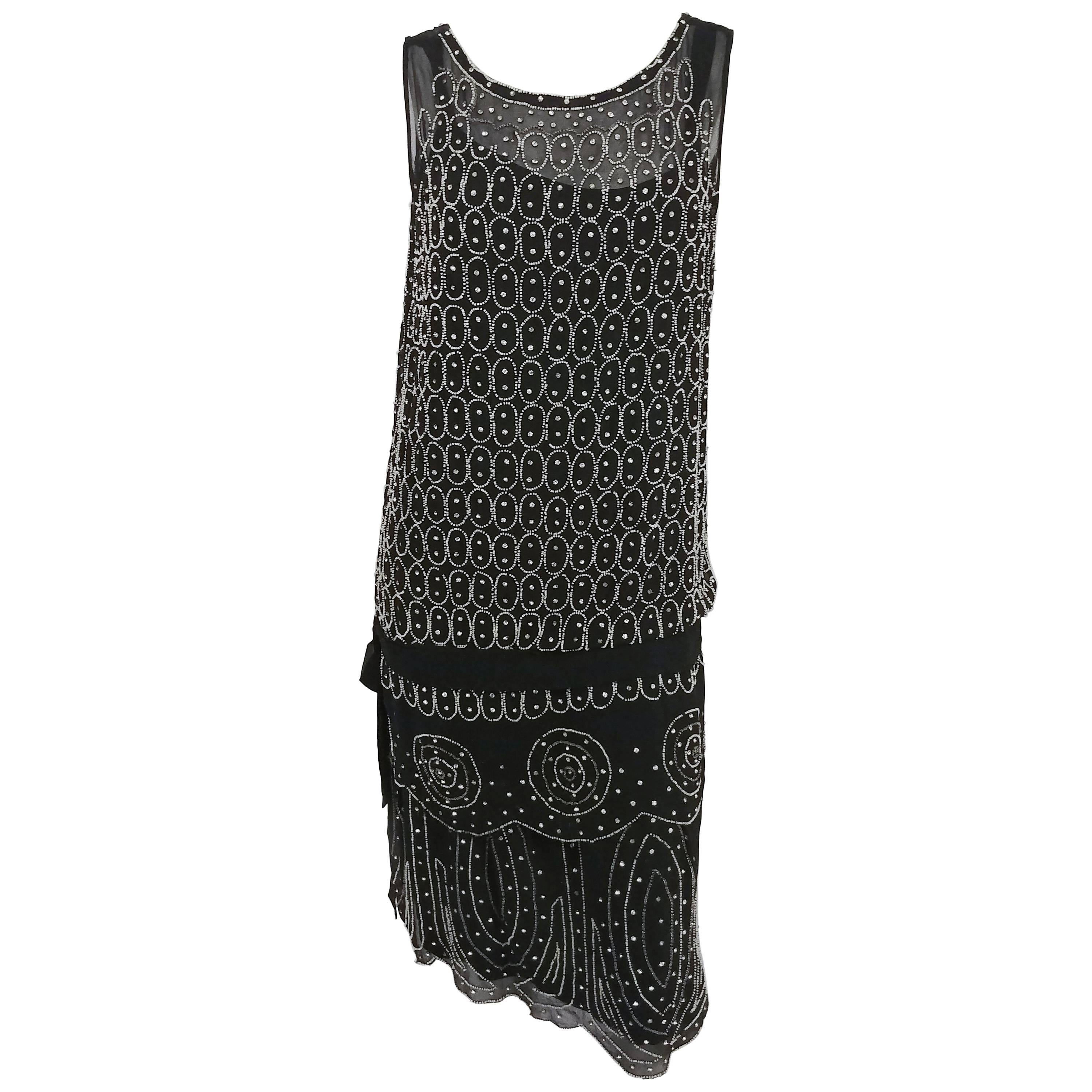 1920s Black and White Beaded Rhinestone Silk Chiffon Dress For Sale