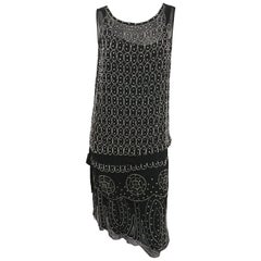 1920s Black and White Beaded Rhinestone Silk Chiffon Dress