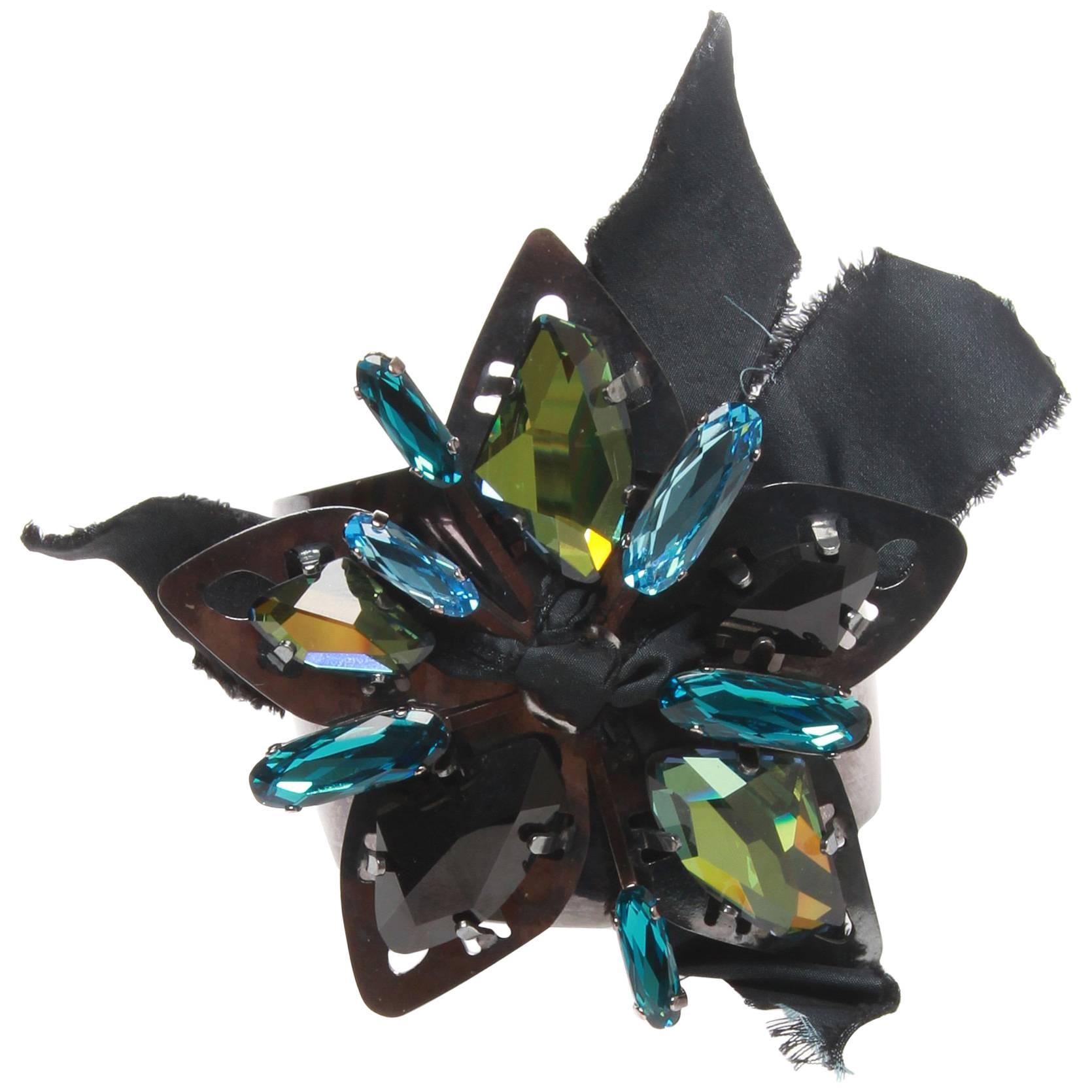 Lanvin Chrome Blue-toned Flower Cuff For Sale