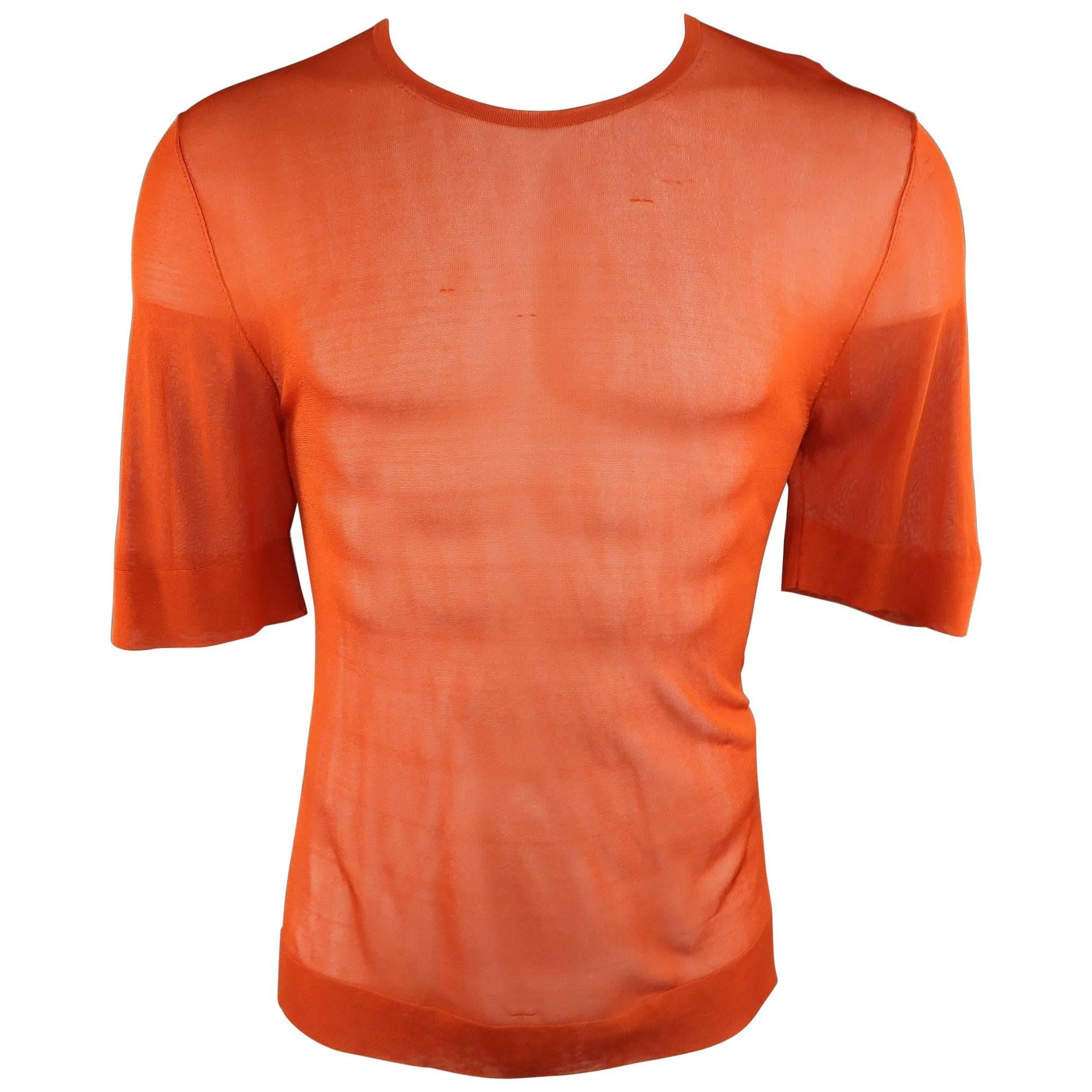 Men's DRIES VAN NOTEN Size L Brick Orange Metallic Sheer Mesh Knit T-shirt
