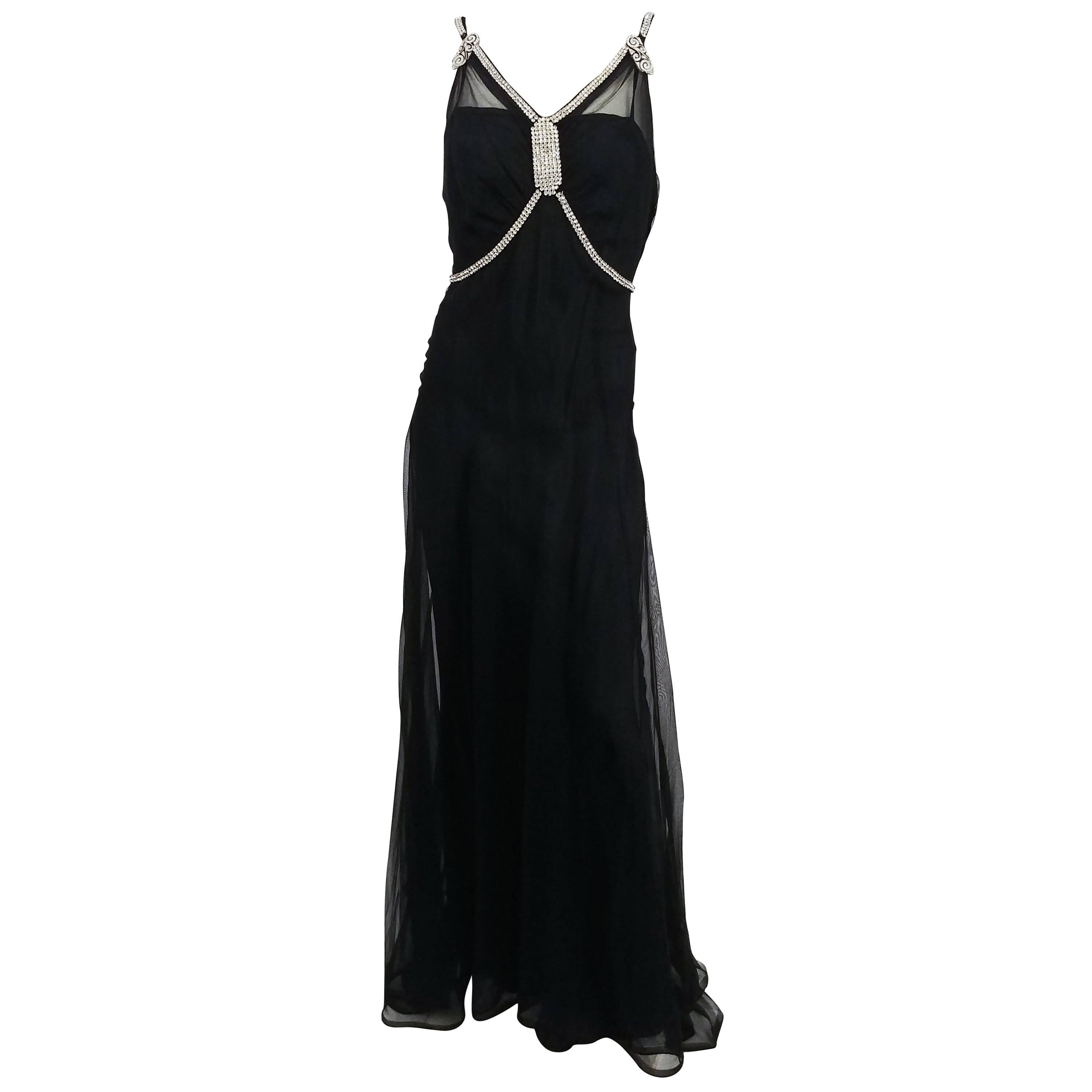 1930s Black Evening Gown with Rhinestone Detailing