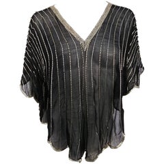 1980s Judith Ann For Neiman Marcus Black/Silver Beaded Silk Chiffon Batwing Top