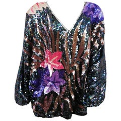 1980s Judith Ann Iridescent Black Oversized Top with Flowers