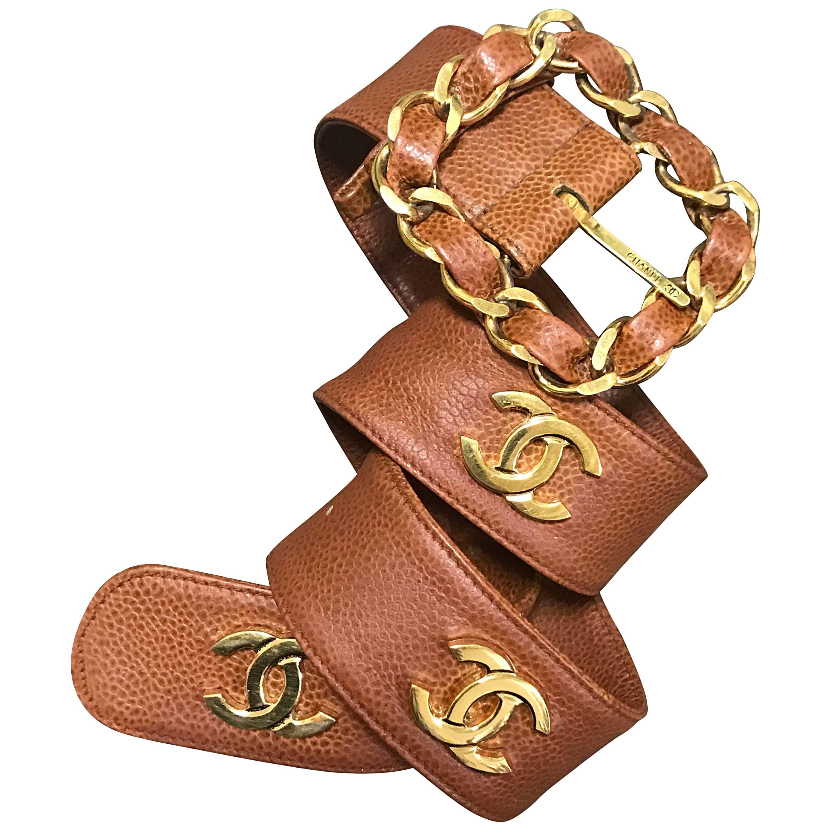 Chanel Vintage brown caviar leather belt with golden chain buckle and CC marks 