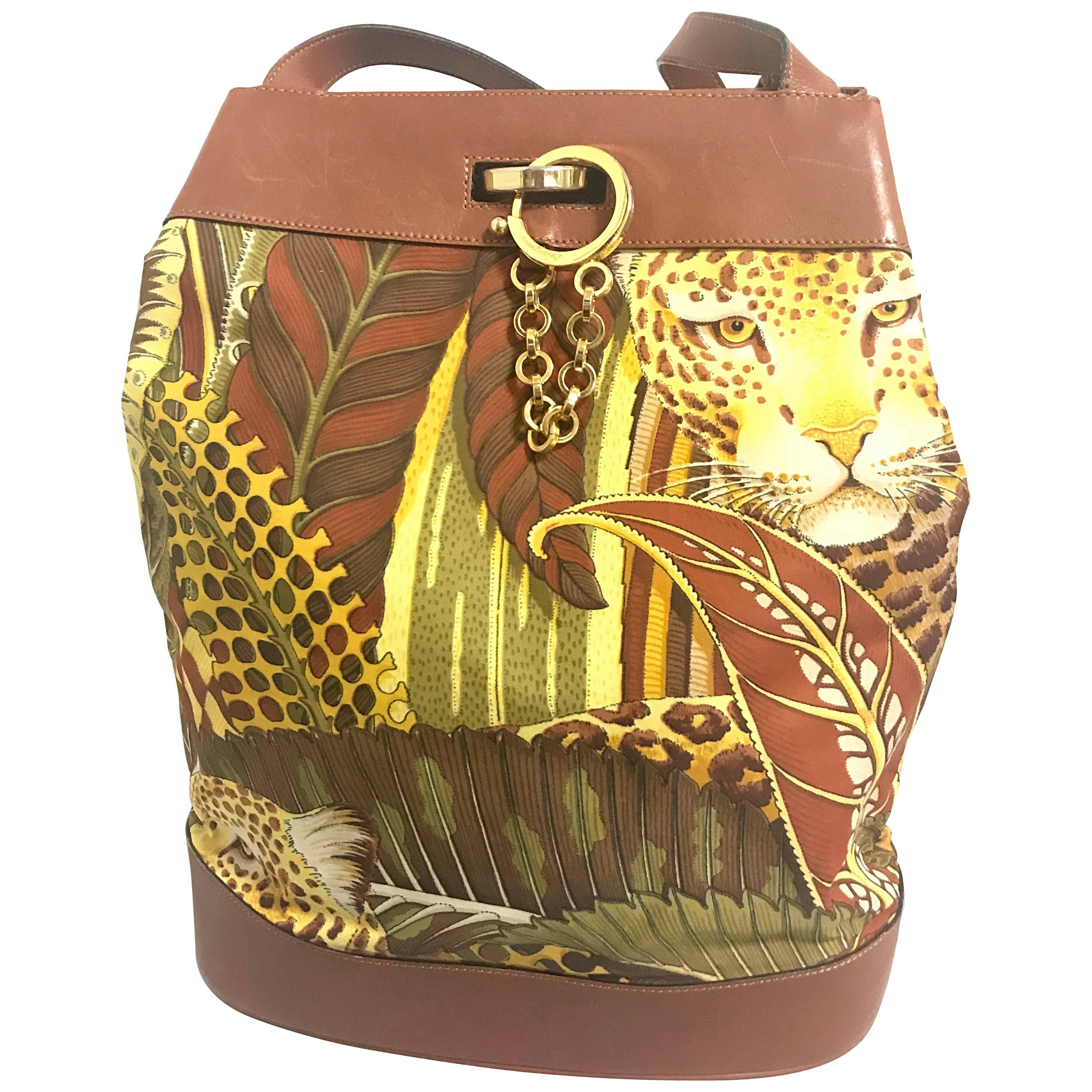 Salvatore Ferragamo Vintage leopard in safari print and brown leather hobo bag  For Sale