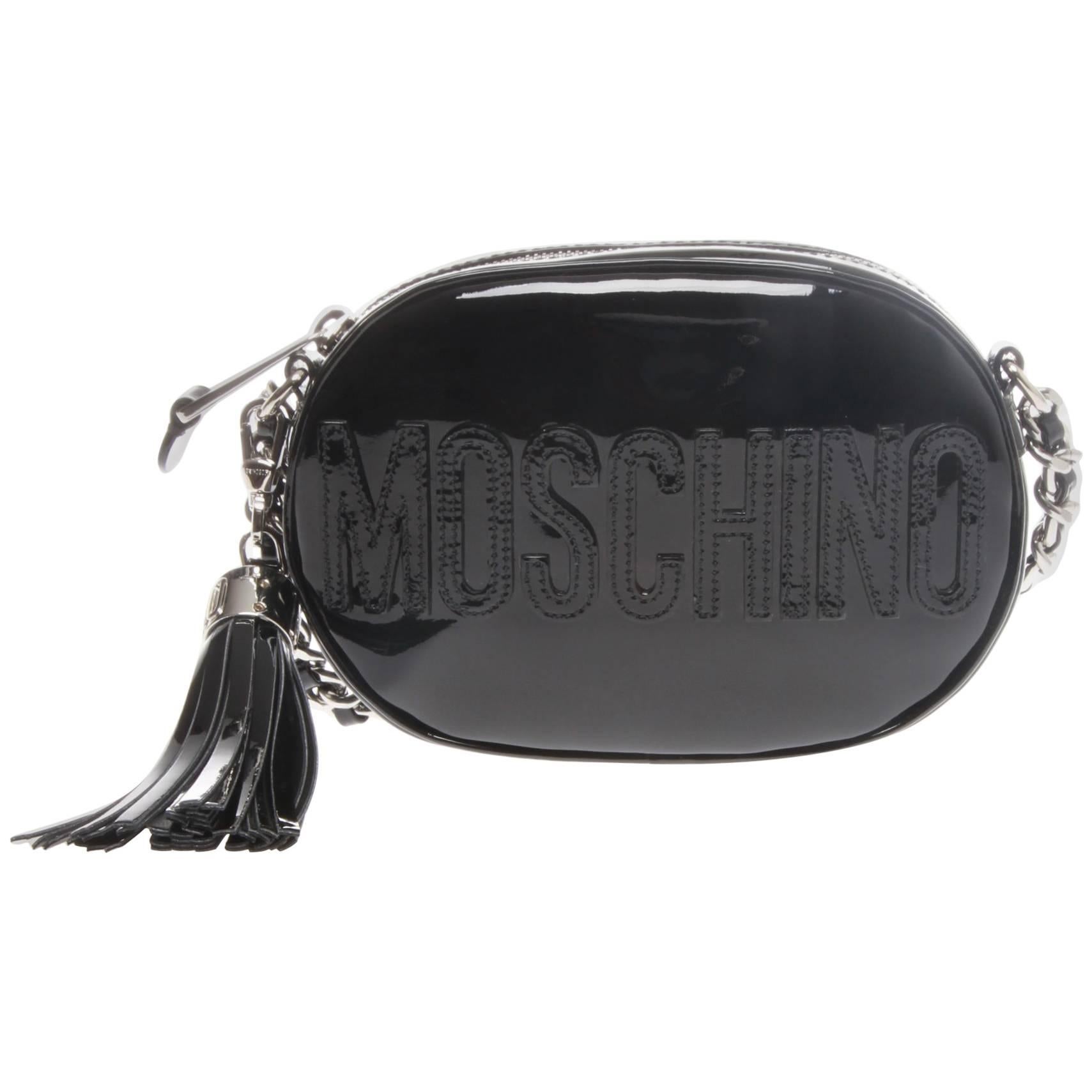 Moschino Black Patent Oval Logo Crossbody Bag
