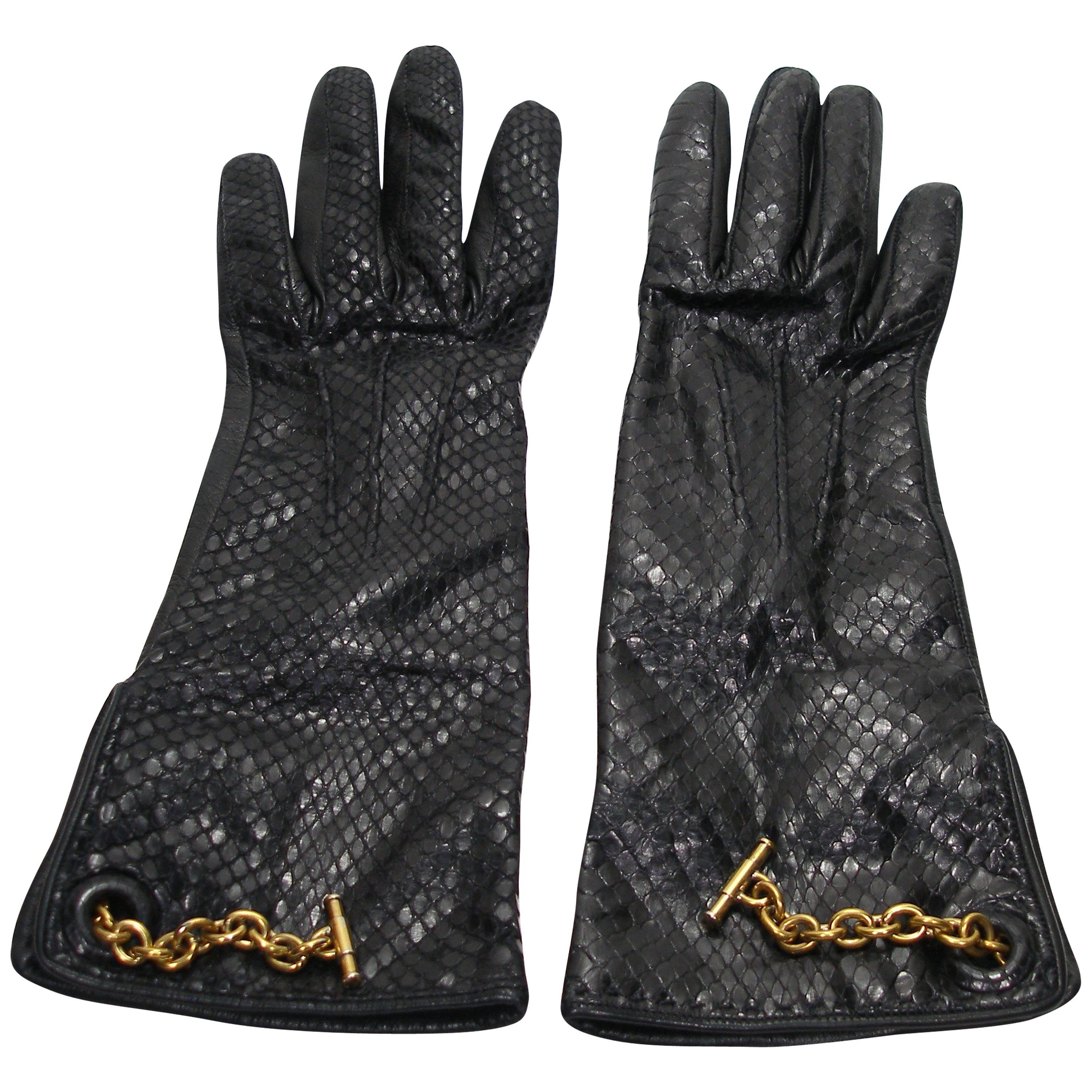 Vintage Yves Saint Laurent Black Python and Leather Gloves Size 6 / Like New  For Sale