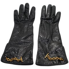 Vintage Yves Saint Laurent Black Python and Leather Gloves Size 6 / Like New 