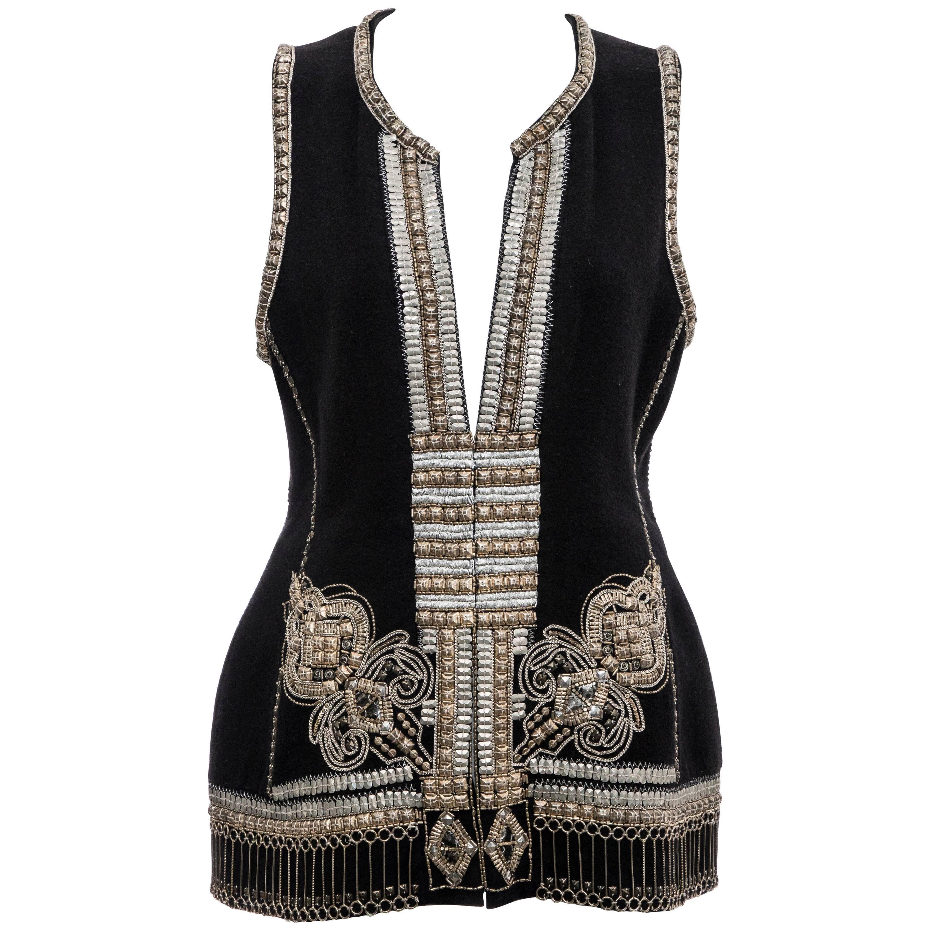 Dries Van Noten Black Wool Cashmere Silver Indian Embroidered Vest, Fall 2010